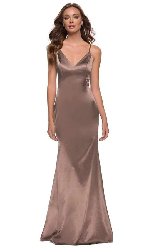 Quick Sale La Femme - Sleeveless V-Neck Fitted Satin Long Dress 29960SC - 1 pc Nude In Size 4 Available