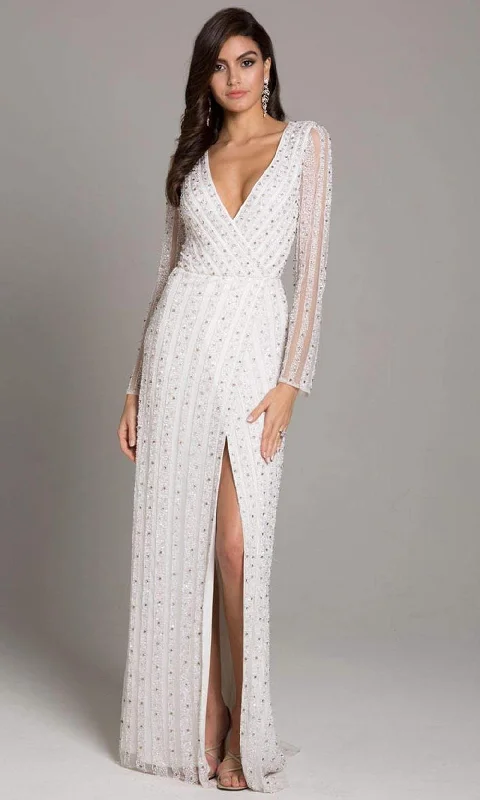 Shop and Save Lara Dresses - 51007 Beaded Deep V-neck Long Sleeve Sheath Dress