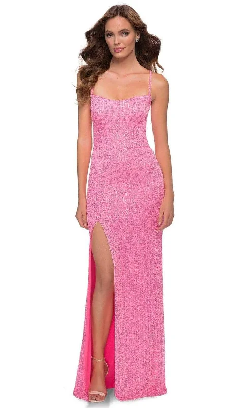 Act Now La Femme - Spaghetti Strappy Long Sequin Dress 29986SC - 1 pc Neon Pink In Sizes 4 Available Act Now La Femme - Spaghetti Strappy Long Sequin Dress 29986SC - 1 pc Neon Pink In Sizes 4 Available