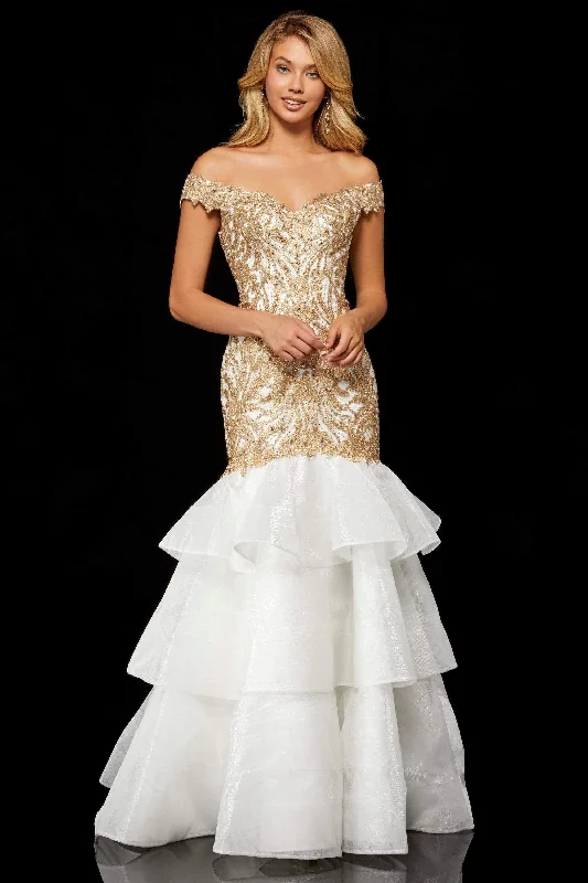 Price Slash Sherri Hill - Cap Sleeved Off Shoulder Tiered Mermaid Dress 52347 - 2 pc Ivory/Gold In Size 6 and 8 Available Price Slash Sherri Hill - Cap Sleeved Off Shoulder Tiered Mermaid Dress 52347 - 2 pc Ivory/Gold In Size 6 and 8 Available