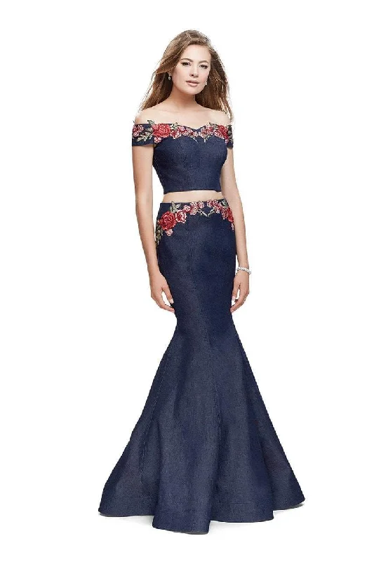 Unmissable Offer La Femme - 25924 Off The Shoulder Floral Print Denim Gown
