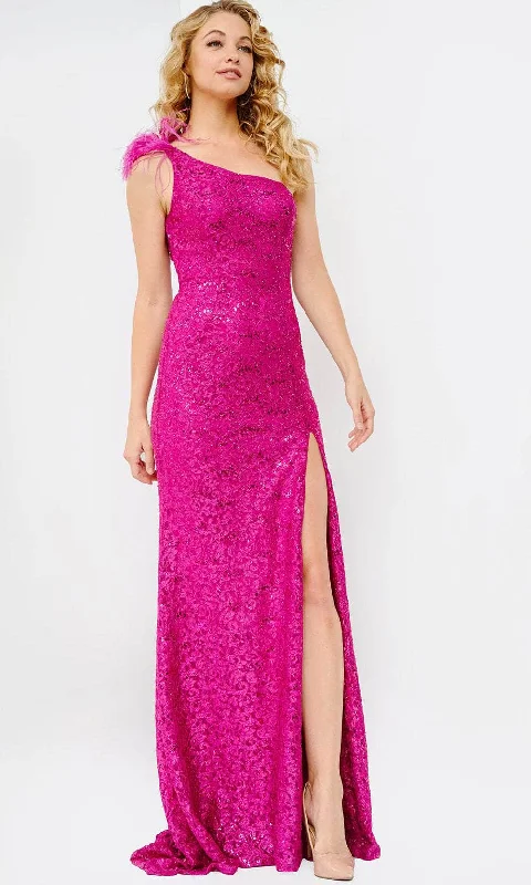 Closeout JVN by Jovani JVN08175 - Asymmetric Sequin Lace Prom Gown