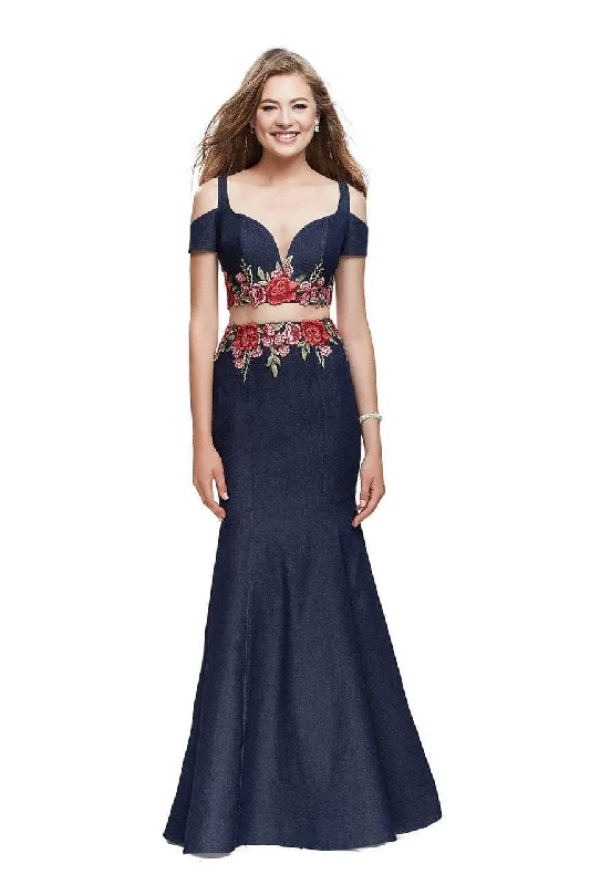 Special Offer La Femme - 25848 Cold Shoulder Floral Two Piece Denim Gown