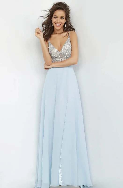 Deal of the Day JVN by Jovani - Beaded V- Neck Chiffon Dress JVN4410SC - 1 pc Off White In Size 8 Available Deal of the Day JVN by Jovani - Beaded V- Neck Chiffon Dress JVN4410SC - 1 pc Off White In Size 8 Available