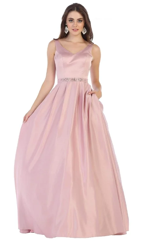 Deal Mania May Queen - MQ1595 Sleek V-Neck Adorned Waist A-Line Gown