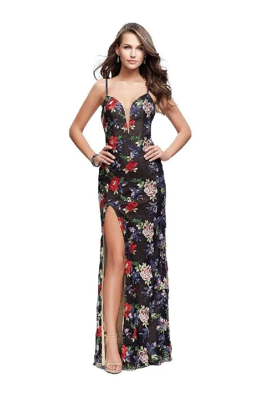 Clearance Sale La Femme - 25900 Deep Sweetheart Strappy Floral Printed Gown