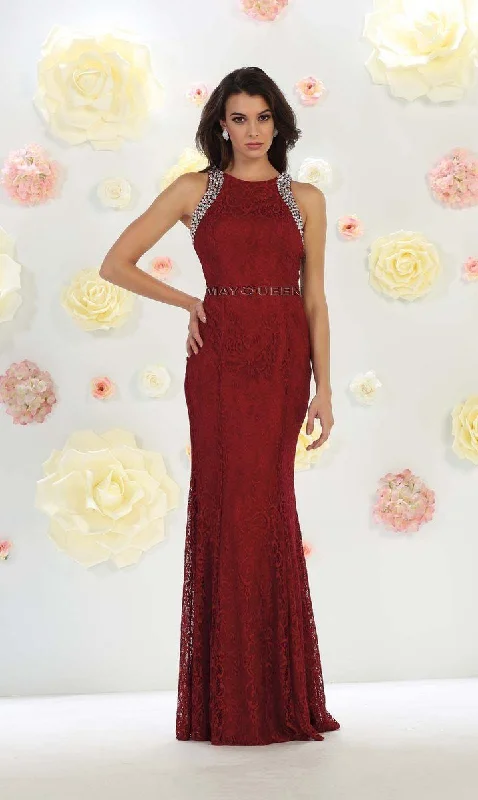 Closeout May Queen Rhinestone Embellished Lace Evening Dress MQ1475 - 1 pc Burgundy In Size 8 Available