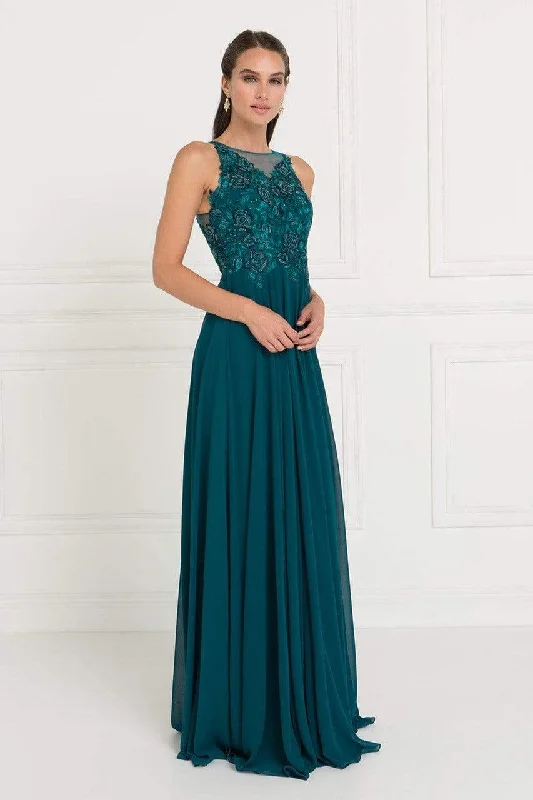 Bonus Savings Elizabeth K - GL1570 Embroidered Illusion Halter Chiffon A-line Dress