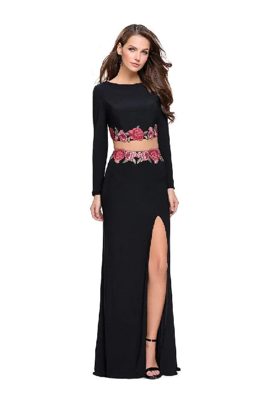 Early Bird Discount La Femme - 25695 Long Sleeve Flower Trimmed Jersey Evening Gown