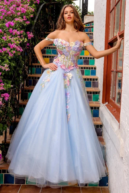 Lowest Price Floral Applique Off Shoulder Gown by Amelia Couture 6124