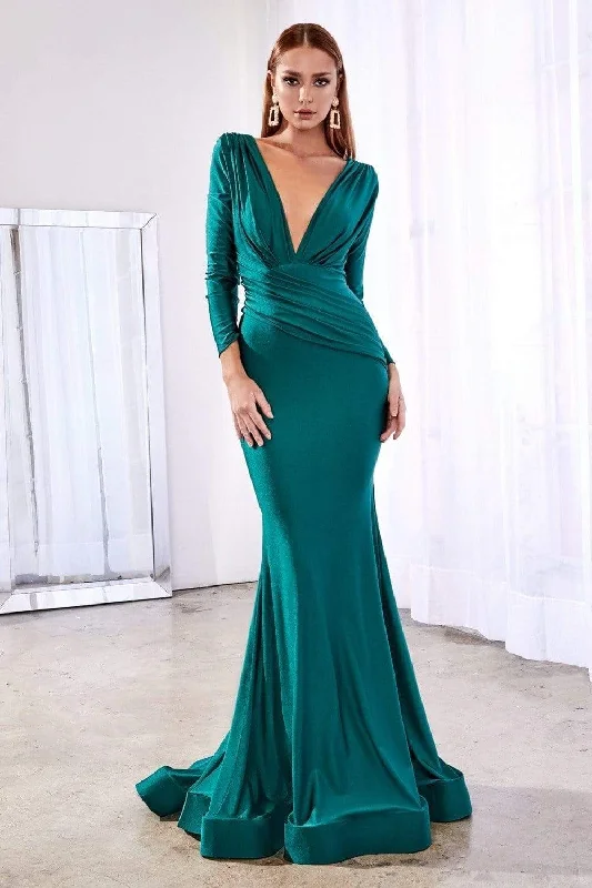 Hurry In Cinderella Divine - CD0168 Plunging V-Neck Long Sleeve Mermaid Gown