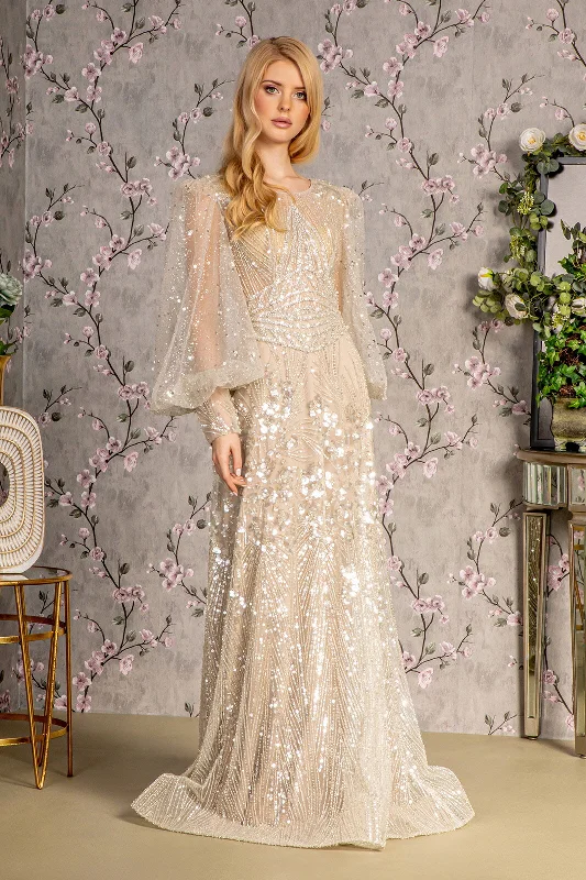 Shop and Save Embellished Puff Sleeve A-line Gown by GLS Gloria GL3497