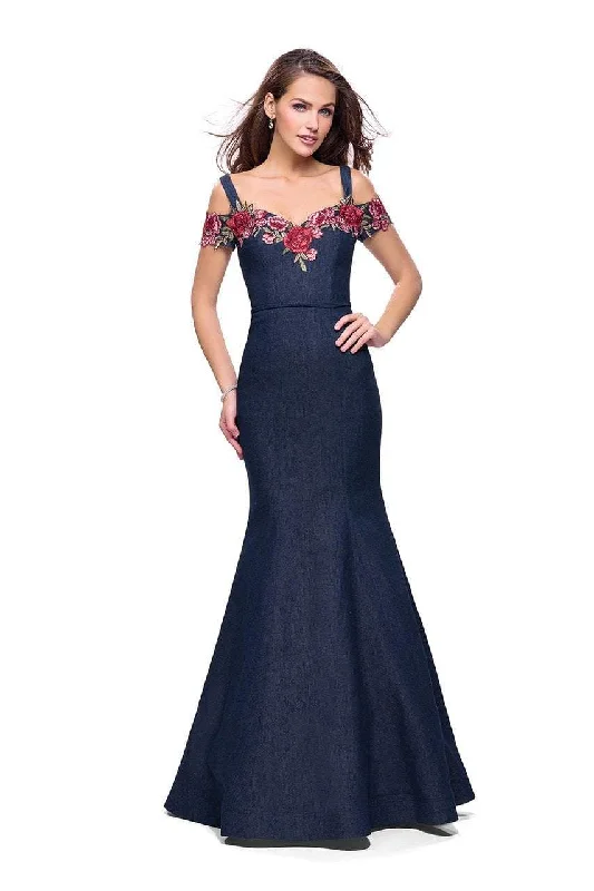 Hot Deal La Femme - 25753 Cold Shoulder Floral Denim Trumpet Gown