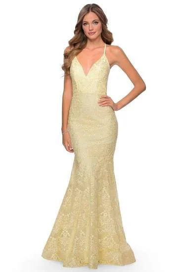 Value Deals La Femme - Plunging V-Neck Thin Straps Mermaid Dress 28643SC - 1 pc Pale Yellow In Size 4 Available Value Deals La Femme - Plunging V-Neck Thin Straps Mermaid Dress 28643SC - 1 pc Pale Yellow In Size 4 Available