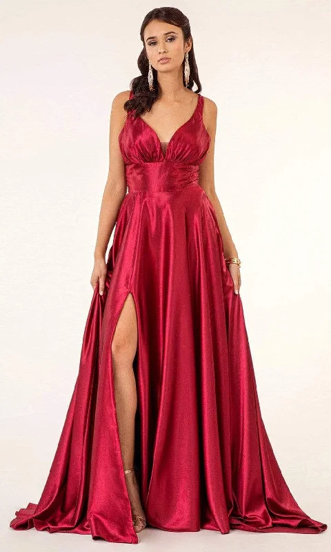 New Deals Elizabeth K - GL2963 Deep V-Neck Satin A-Line Dress with Slit