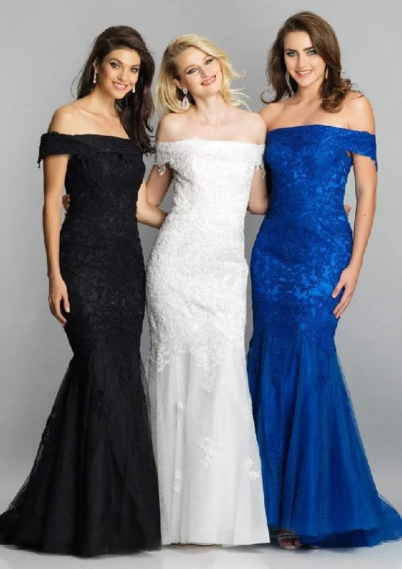 Best Bargains Dave & Johnny - Off Shoulder Lace Ornate Mermaid Gown 3377 - 1 pc Saphire Blue In Size 4 Available