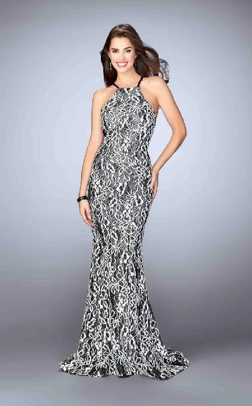 While Supplies Last La Femme - 23848 Refined Contrast Lace Halter Long Evening Gown