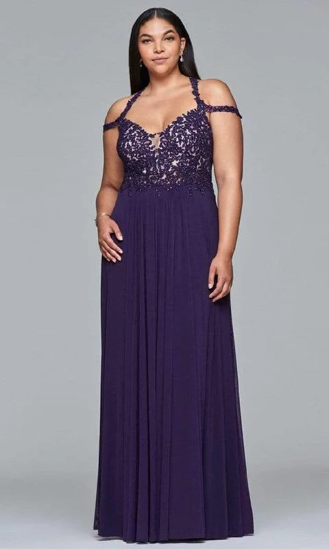 Extra Discounts Faviana - Lace V-neck Sheath Dress 9439 - 1 pc Aubergine In Size 16W Available