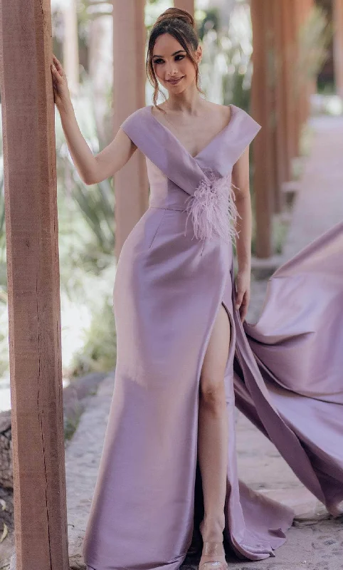 Limited Edition Terani Couture 232M1534 - Cap Sleeve Feather Accent Evening Gown