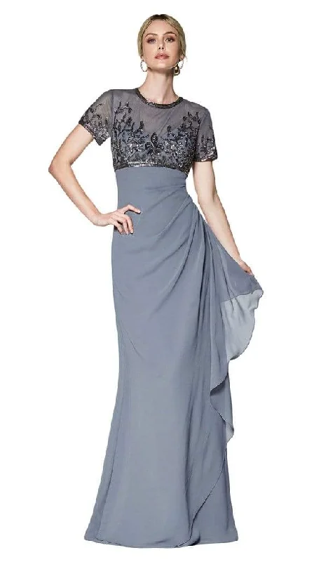 Inventory Reduction Cinderella Divine - J0295 Vine Embroidered Sheer Short Sleeve Drape Ruffle Dress - 1 pc Gray In Size 8 Available