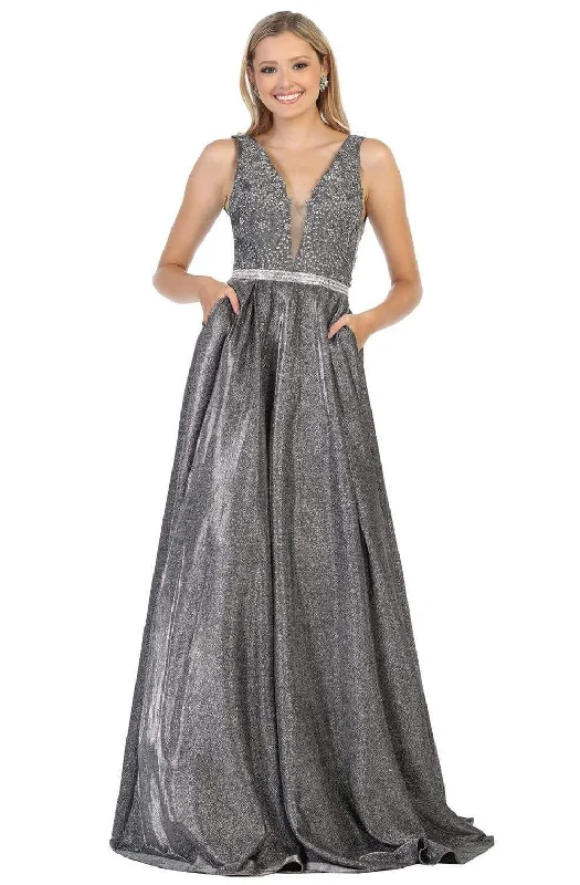 Get It Before It’s Gone May Queen - Beaded Lace V-Neck Metallic Gown RQ7790 - 1 pc Charcoal Gray In Size 8 Available