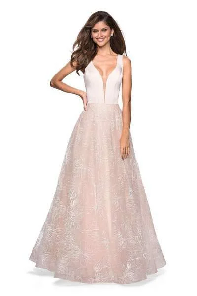 Deal Alert La Femme - 27325 Floral Sequined Lace Deep V-neck A-line Dress