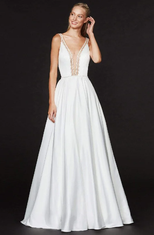 Final Clearance Angela & Alison - 91027 Beaded Illusion Trimmed Plunging Gown