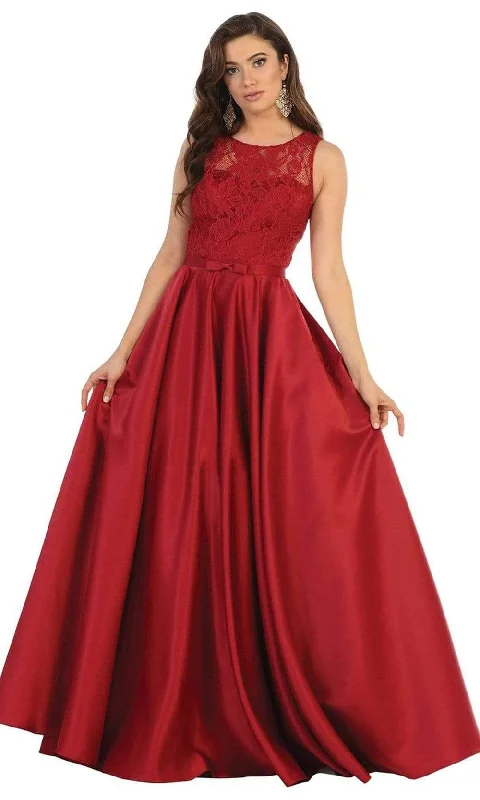 YEAR-End Clearance May Queen - MQ1688 Lovely Lace Tank Bow Accent Satin Long Dress
