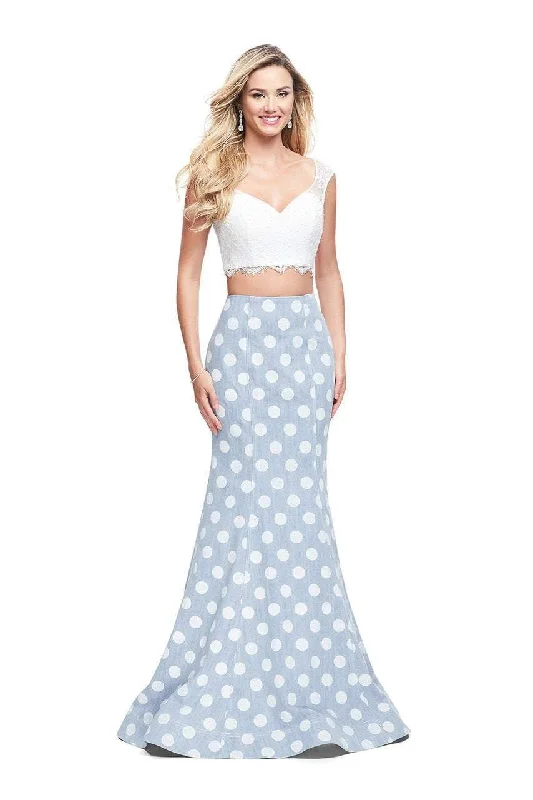 Super Bargain La Femme - 26206 Two Piece Lace and Denim Polka Dot Trumpet Gown