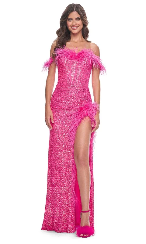 Discount Mania La Femme 32150 - Feather Accent Off Shoulder Prom Gown