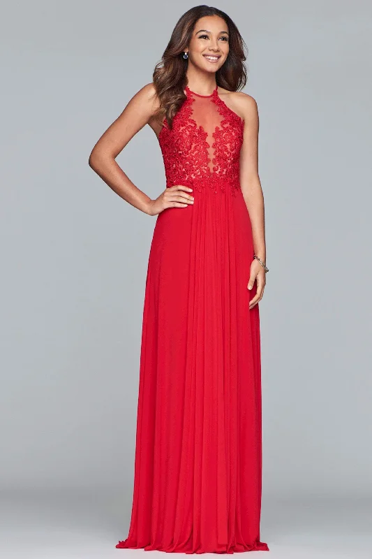 Fantastic Deals Formal Gowns- Lace Appliqued Illusion Halter Evening Dress S10203 - 1 pc Navy in Size 2 Available
