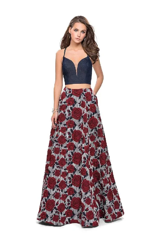 Weekend Special La Femme - 25789 Two Piece Plunging Denim Open Back A-line Gown