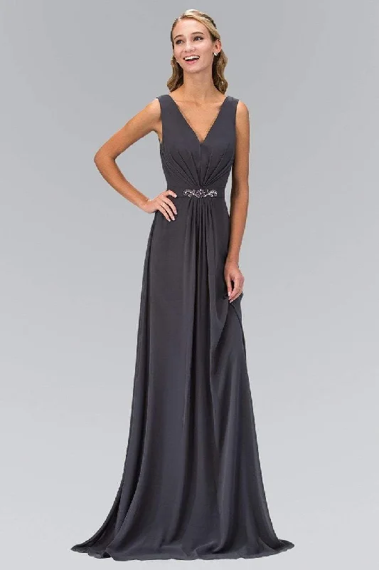 Exclusive Savings Elizabeth K - GL1389 Jewel-Accented Pleated V-Neck Chiffon Dress