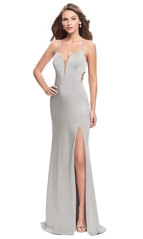 Overstock La Femme - Bejeweled Strappy Back High Slit Dress 25398SC - 1 pc Silver In Size 8 Available