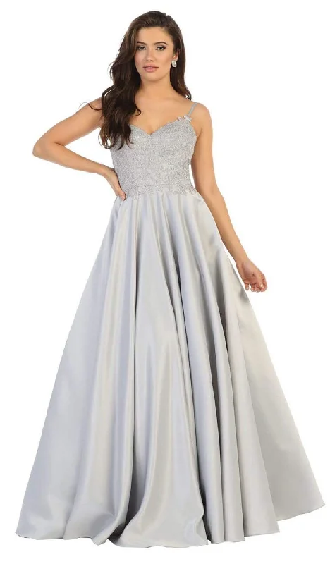 Super Sale May Queen - MQ1685 Sleeveless Beaded Mesh Lace Back A-Line Satin Gown