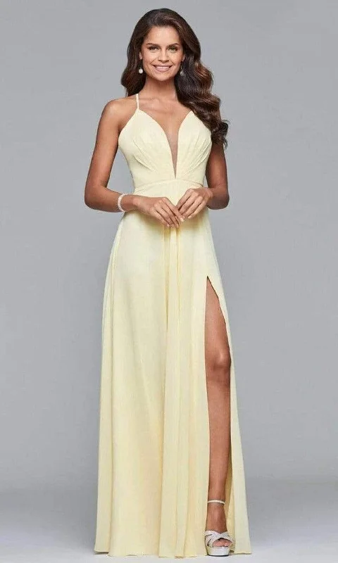 Sale Event Faviana - Plunging V-Neck Flowy High Slit Chiffon Dress 7747