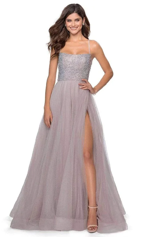 Bonus Savings La Femme - Long Beaded Bodice High Slit Tulle Dress 28530SC - 1 pc Silver in Size 0 Available