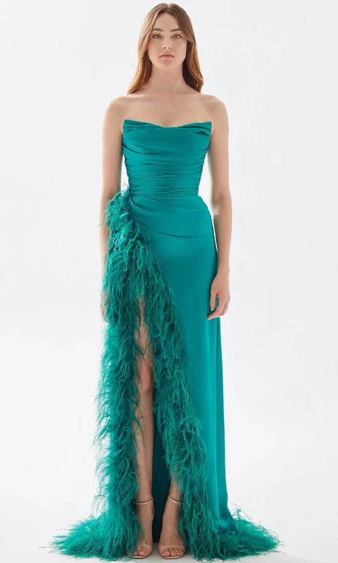 Instant Savings Tarik Ediz 52004 - Strapless Feathered Slit Prom Gown