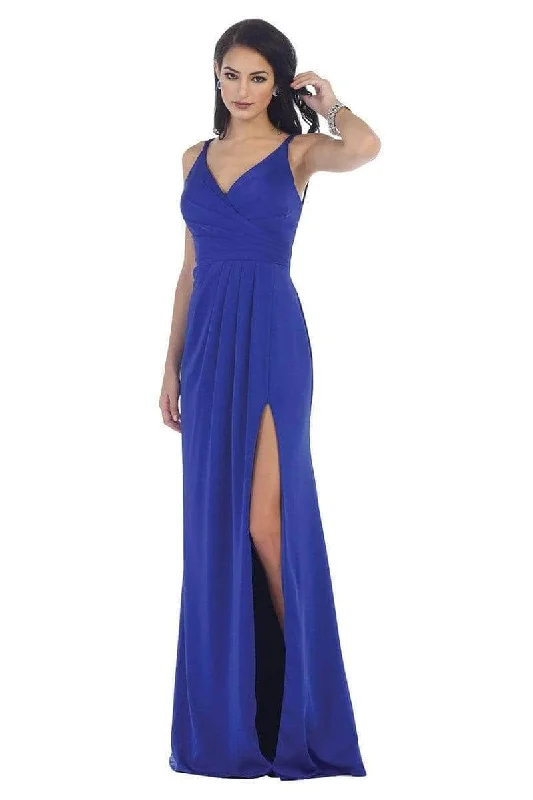 Price Reduction May Queen - MQ1469 Sleeveless V-Neck High Slit A-Line Dress