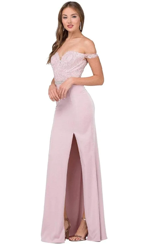 Steals and Deals Dancing Queen - 2164 Appliqued Plunging Off Shoulder High Slit Gown