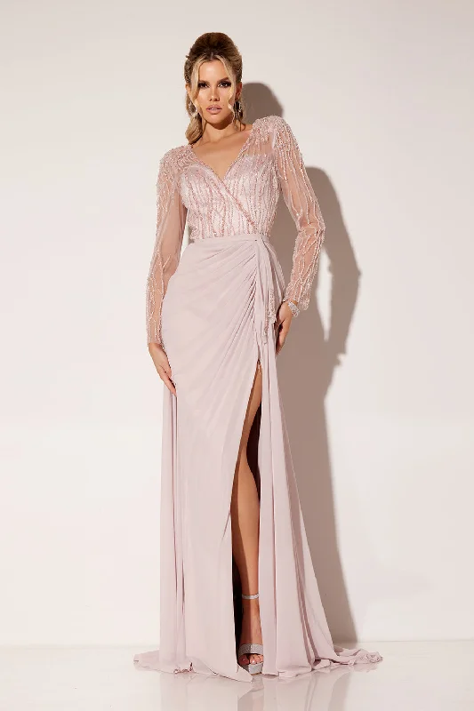 While Supplies Last Chiffon Long Sleeve Slit Gown by Lucci Lu C8069