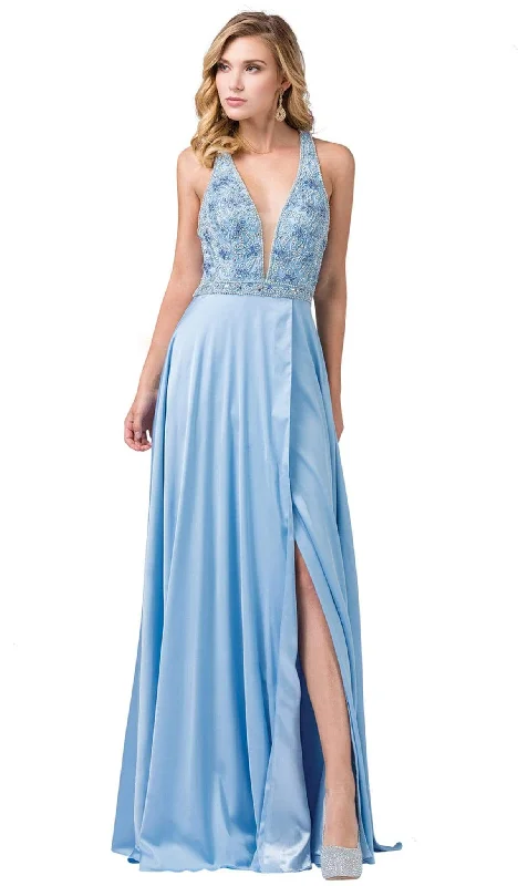 Deep Discounts Dancing Queen - 2527 Beaded Crisscrossed Back High Slit Gown