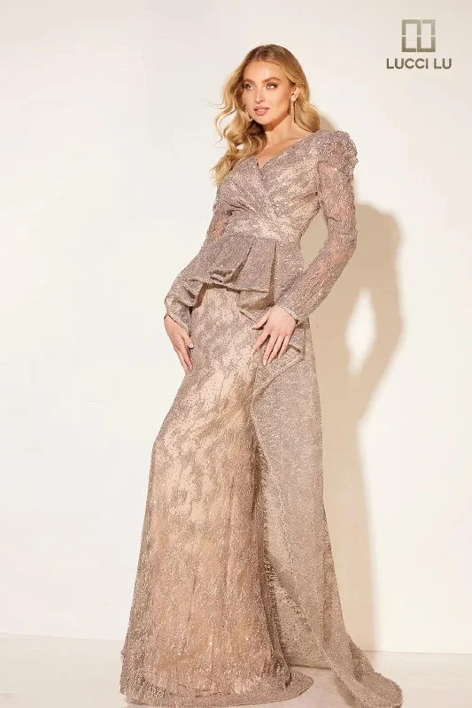 Fantastic Offers Fitted Long Sleeve Peplum Gown by Lucci Lu C8016