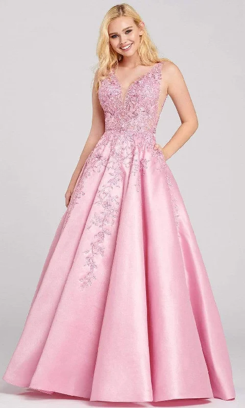 The Best Prices Ellie Wilde - EW120115 Bedazzled Deep V-neck Satin A-line Gown