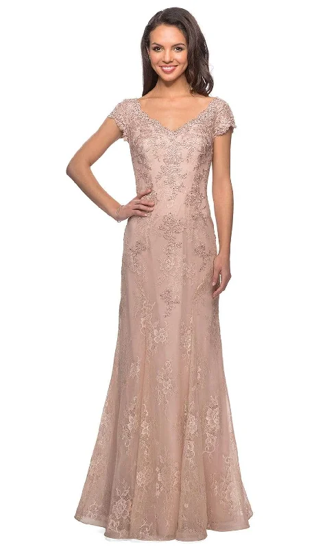 Buy Now La Femme - 28099 V Neck Floral Lace Trumpet Evening Dress