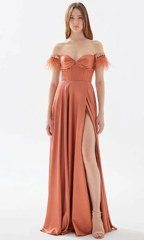 Price Smash Tarik Ediz 52034 - Feathered Off-Shoulder Prom Dress