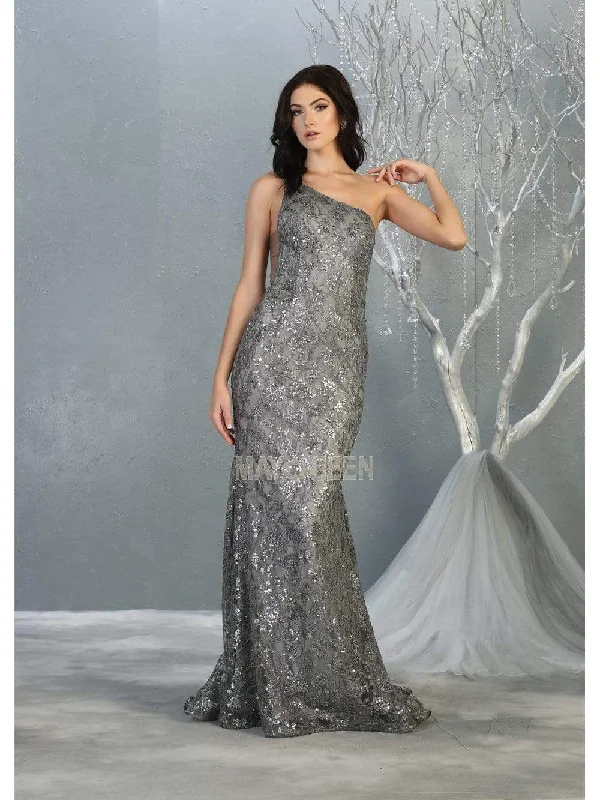 Special Savings May Queen - One Shoulder Strap Fitted Mermaid Dress MQ1804 - 1 pc Silver In Size 14 Available