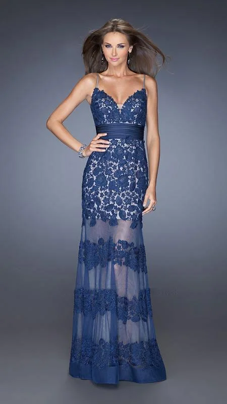 Referral Discount La Femme - 20131 Sweetheart Floral Lace Striped Evening Dress