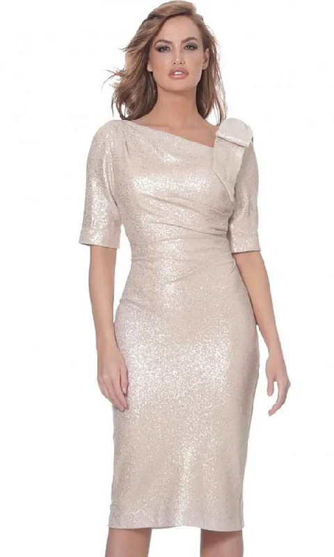 The Best Prices Jovani - Asymmetric Neck Knee Length Fitted Dress 03641SC - 1 pc Light Gold In Size 4 Available