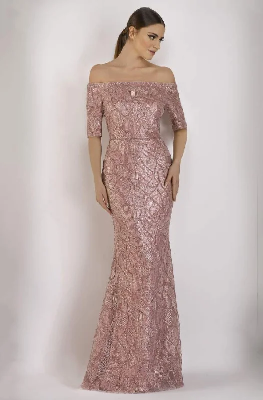 Clearance Sale Janique - Embellished Off-Shoulder Trumpet Dress JA5017 - 1 pc Rose Gold In Size 10 Available